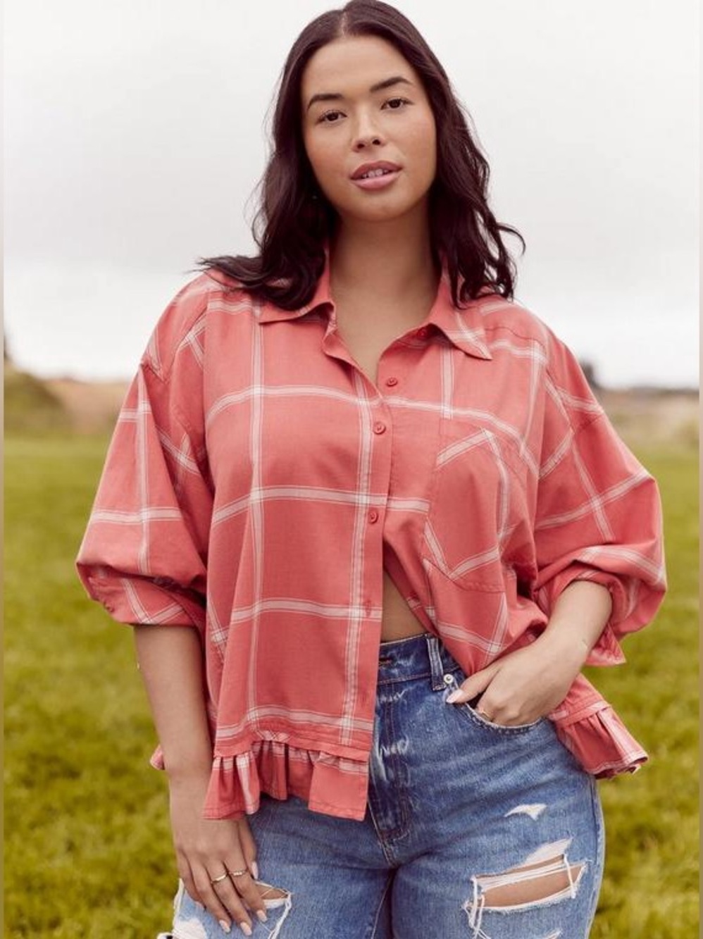torrid Rose Plaid Ruffle-Hem Oversized Button Down Shirt NWT